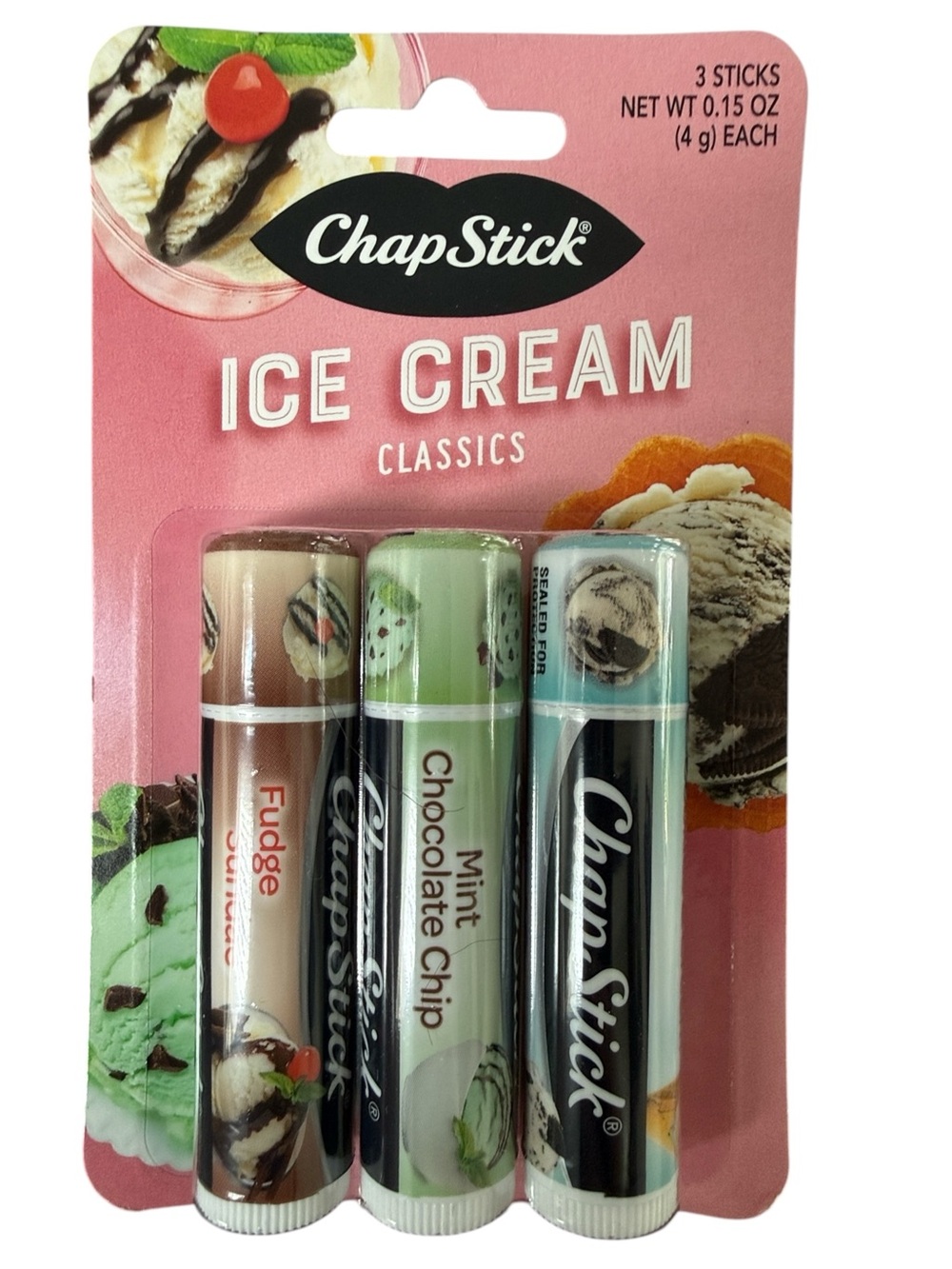 ChapStick Ice Cream Classics Lip Moisturizer 3 Pack Fudge Mint Cookies & Cream.